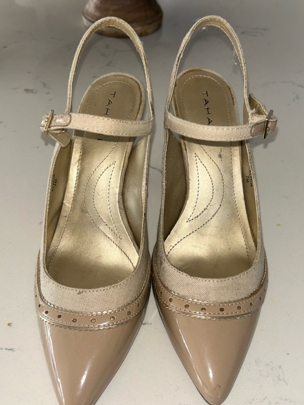 Tahari Nude Patent Pointed-Toe Slingback Pumps